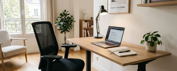 Bureau assis-debout en bois clair avec siège ergonomique noir installé dans l'angle d'un salon contemporain français, éclairé par lumière naturelle d'une fenêtre, sol parquet clair et mur blanc