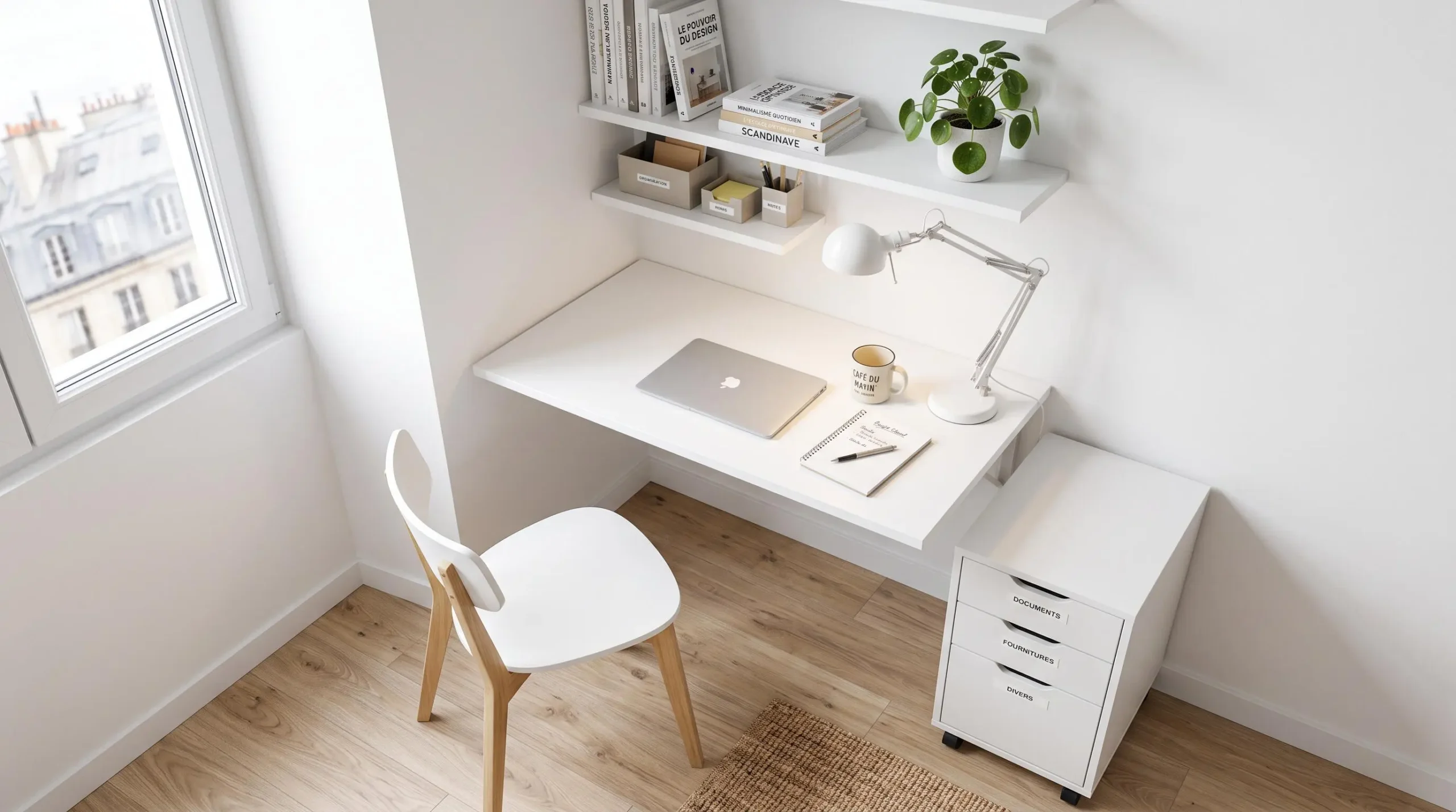 Vue en plongée d'un bureau compact blanc avec étagères murales et caisson mobile installé contre un mur dans un petit logement français, sol clair et lumière naturelle